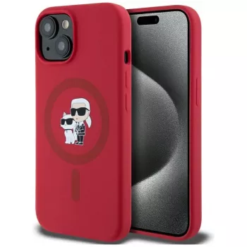 KARL LAGERFELD silikónové puzdro pre iPhone 15 s MagSafe a držiakom na prsteň - Karl & Choupette Heads - červená