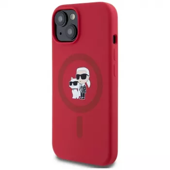 KARL LAGERFELD silikónové puzdro pre iPhone 15 s MagSafe a držiakom na prsteň - Karl & Choupette Heads - červená