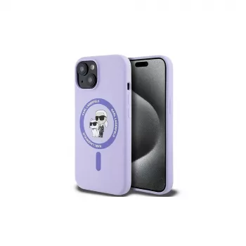 Karl Lagerfeld KLHMP15SSCMKCRHU iPhone 15 6,1 palca fialové silikónové pevné puzdro s Karl & Choupette hlavami, prsteňom a MagSafe