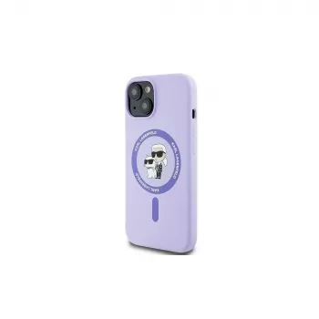 Karl Lagerfeld KLHMP15SSCMKCRHU iPhone 15 6,1 palca fialové silikónové pevné puzdro s Karl & Choupette hlavami, prsteňom a MagSafe