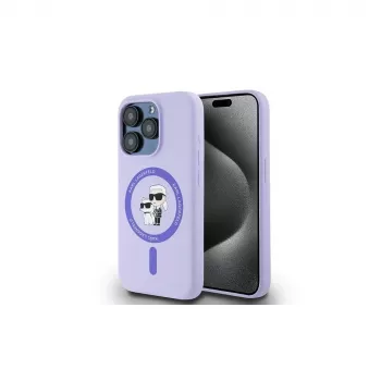 Karl Lagerfeld KLHMP15LSCMKCRHU iPhone 15 Pro 6,1 palca fialové silikónové puzdro s Karl & Choupette hlavami, prsteňom a MagSafe