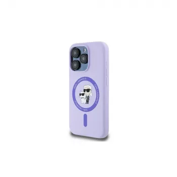 Karl Lagerfeld KLHMP15LSCMKCRHU iPhone 15 Pro 6,1 palca fialové silikónové puzdro s Karl & Choupette hlavami, prsteňom a MagSafe