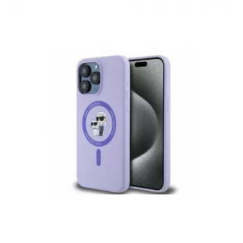 Karl Lagerfeld iPhone 15 Pro Max 6,7 palca fialové silikónové pevné puzdro s Karl & Choupette hlavami, prsteňom a MagSafe
