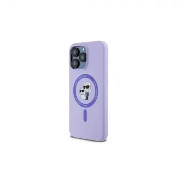 Karl Lagerfeld iPhone 15 Pro Max 6,7 palca fialové silikónové pevné puzdro s Karl & Choupette hlavami, prsteňom a MagSafe