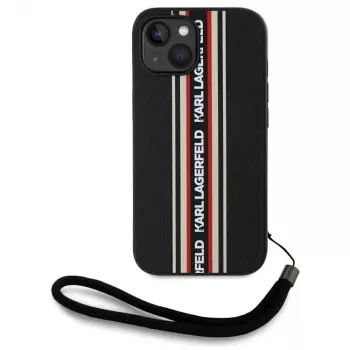 KARL LAGERFELD Saffiano Athleisure Stripes Cord puzdro pre iPhone 15, čierna-červená