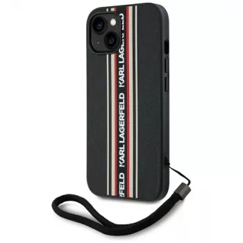 KARL LAGERFELD Saffiano Athleisure Stripes Cord puzdro pre iPhone 15, čierna-červená
