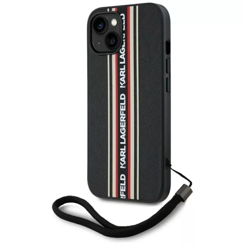 KARL LAGERFELD Saffiano Athleisure Stripes Cord puzdro pre iPhone 15, čierna-červená