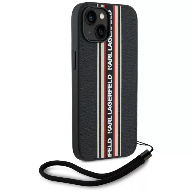 KARL LAGERFELD Saffiano Athleisure Stripes Cord puzdro pre iPhone 15, čierna-červená
