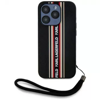 KARL LAGERFELD Saffiano Athleisure Stripes Cord puzdro pre iPhone 15 Pro, čierna/červená