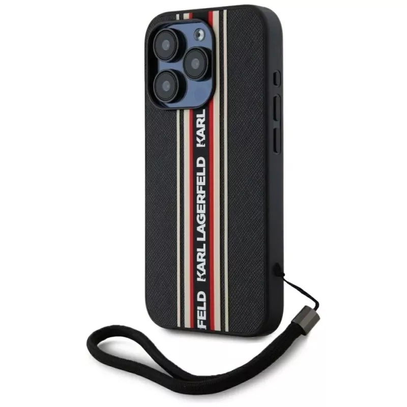 KARL LAGERFELD Saffiano Athleisure Stripes Cord puzdro pre iPhone 15 Pro, čierna/červená