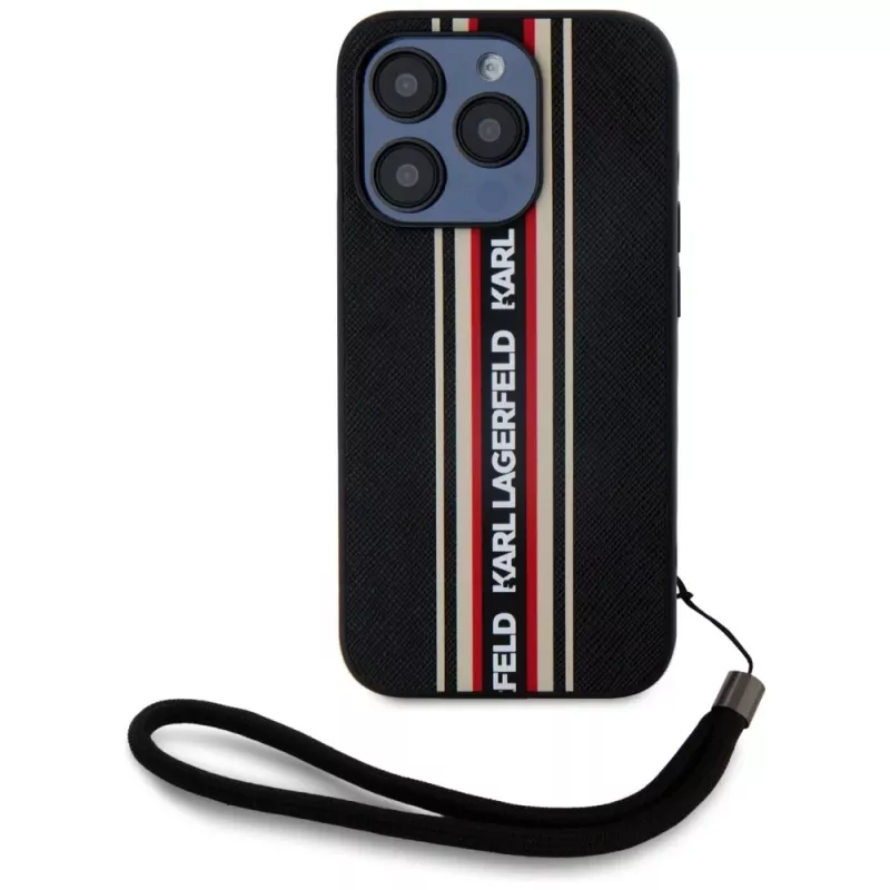 KARL LAGERFELD Saffiano AthleisureStripes Cord puzdro pre iPhone 15 Pro Max, čierna/červená