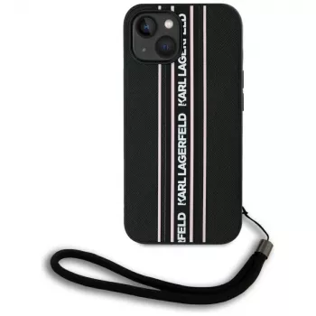 Karl Lagerfeld Saffiano Athleisure Stripes Cord puzdro pre iPhone 15, čierna-ružová