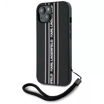 Karl Lagerfeld Saffiano Athleisure Stripes Cord puzdro pre iPhone 15, čierna-ružová