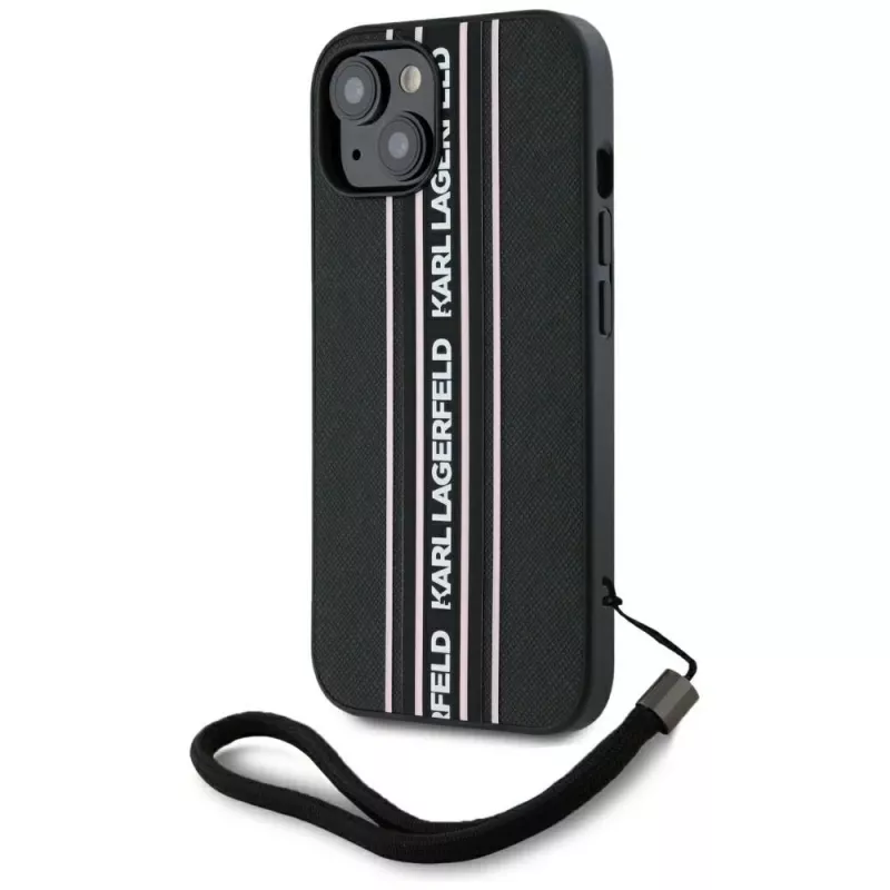 Karl Lagerfeld Saffiano Athleisure Stripes Cord puzdro pre iPhone 15, čierna-ružová