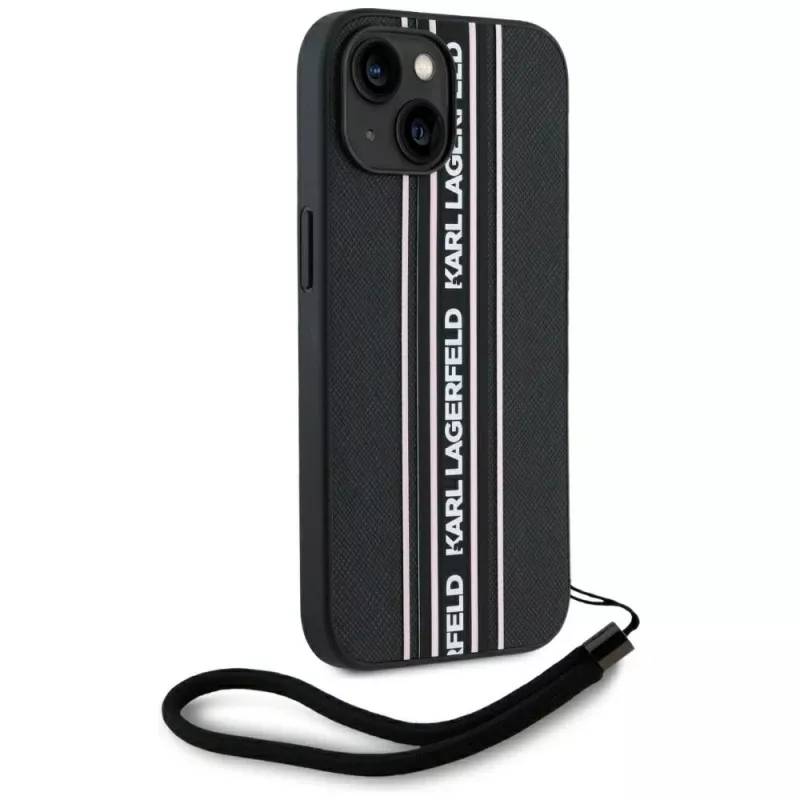 Karl Lagerfeld Saffiano Athleisure Stripes Cord puzdro pre iPhone 15, čierna-ružová