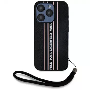 KARL LAGERFELD Saffiano Athleisure Stripes Cord puzdro pre iPhone 15 Pro, čierna/ružová