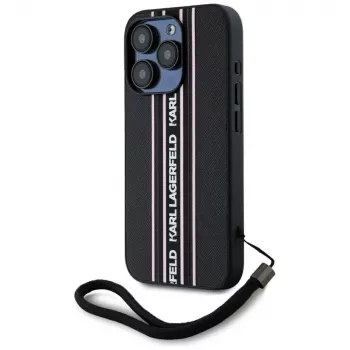 KARL LAGERFELD Saffiano Athleisure Stripes Cord puzdro pre iPhone 15 Pro, čierna/ružová