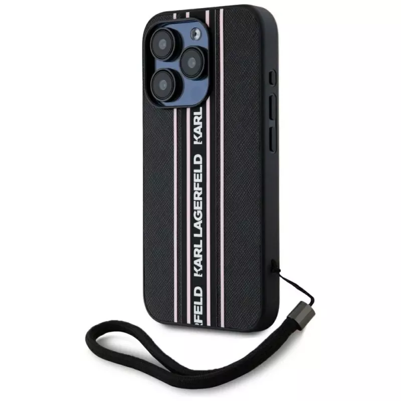 KARL LAGERFELD Saffiano Athleisure Stripes Cord puzdro pre iPhone 15 Pro, čierna/ružová