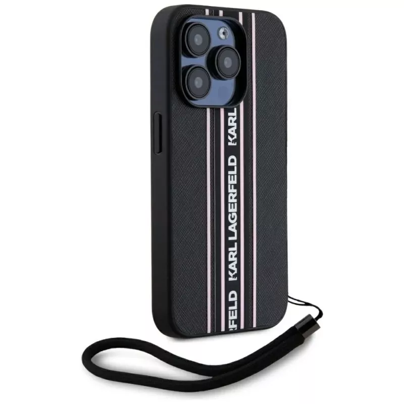 KARL LAGERFELD Saffiano Athleisure Stripes Cord puzdro pre iPhone 15 Pro, čierna/ružová