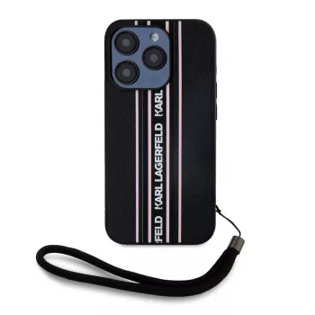 Karl Lagerfeld Saffiano AthleisureStripes Cord puzdro pre iPhone 15 Pro Max čierna ružová