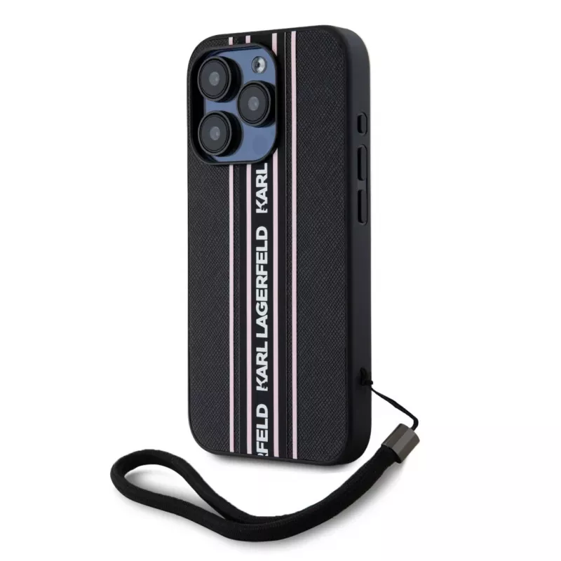 Karl Lagerfeld Saffiano AthleisureStripes Cord puzdro pre iPhone 15 Pro Max čierna ružová