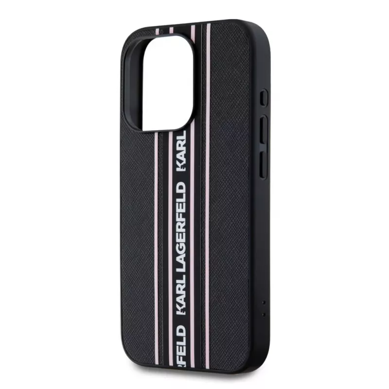Karl Lagerfeld Saffiano AthleisureStripes Cord puzdro pre iPhone 15 Pro Max čierna ružová