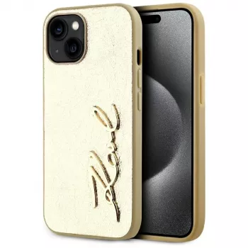 KARL LAGERFELD Wrinkled Metal Signature puzdro na telefón pre iPhone 15, zlatá