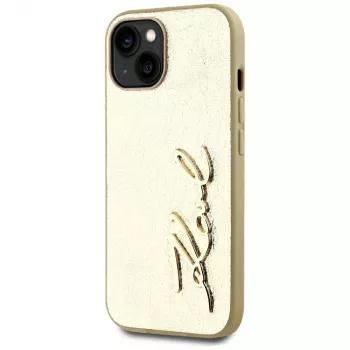 KARL LAGERFELD Wrinkled Metal Signature puzdro na telefón pre iPhone 15, zlatá
