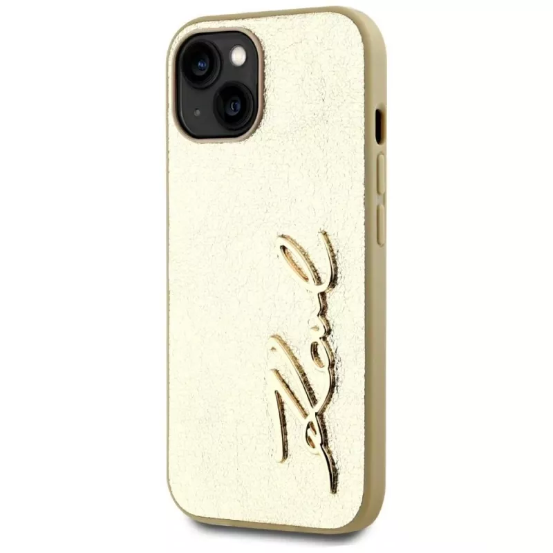 KARL LAGERFELD Wrinkled Metal Signature puzdro na telefón pre iPhone 15, zlatá