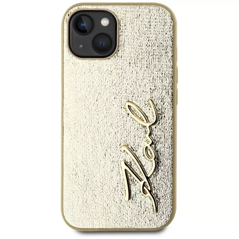 KARL LAGERFELD Wrinkled Metal Signature puzdro na telefón pre iPhone 15, zlatá