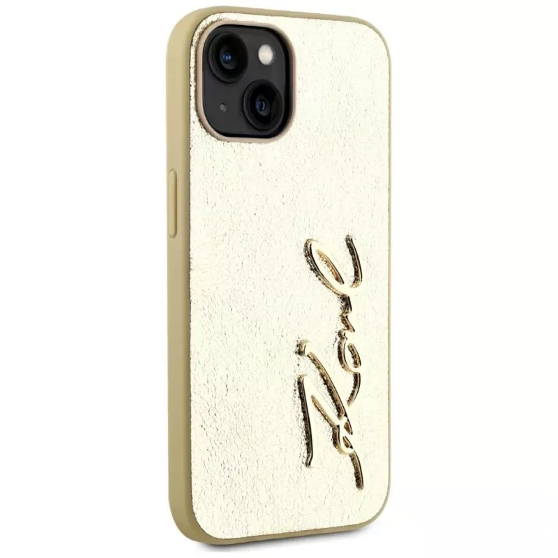 KARL LAGERFELD Wrinkled Metal Signature puzdro na telefón pre iPhone 15, zlatá