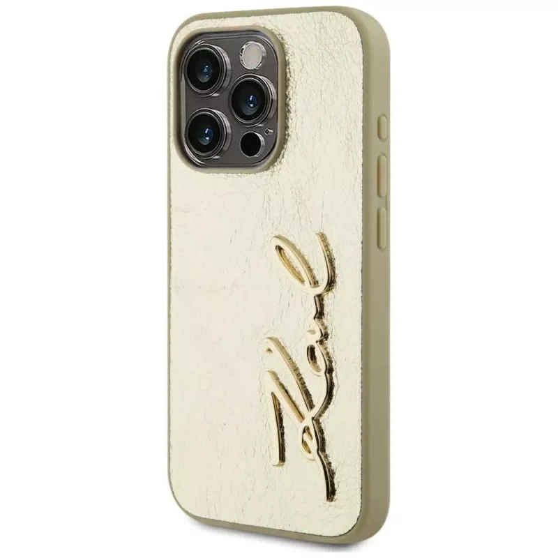 KARL LAGERFELD Wrinkled Metal Signature puzdro pre iPhone 15 Pro - zlatá