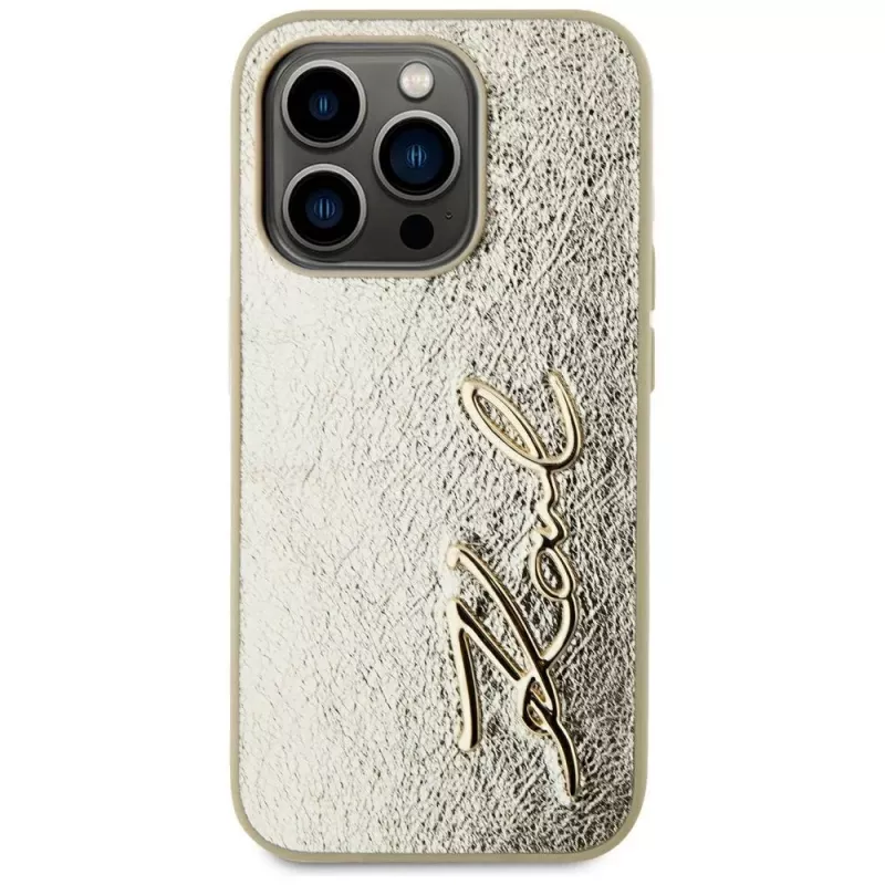 KARL LAGERFELD Wrinkled Metal Signature puzdro pre iPhone 15 Pro - zlatá