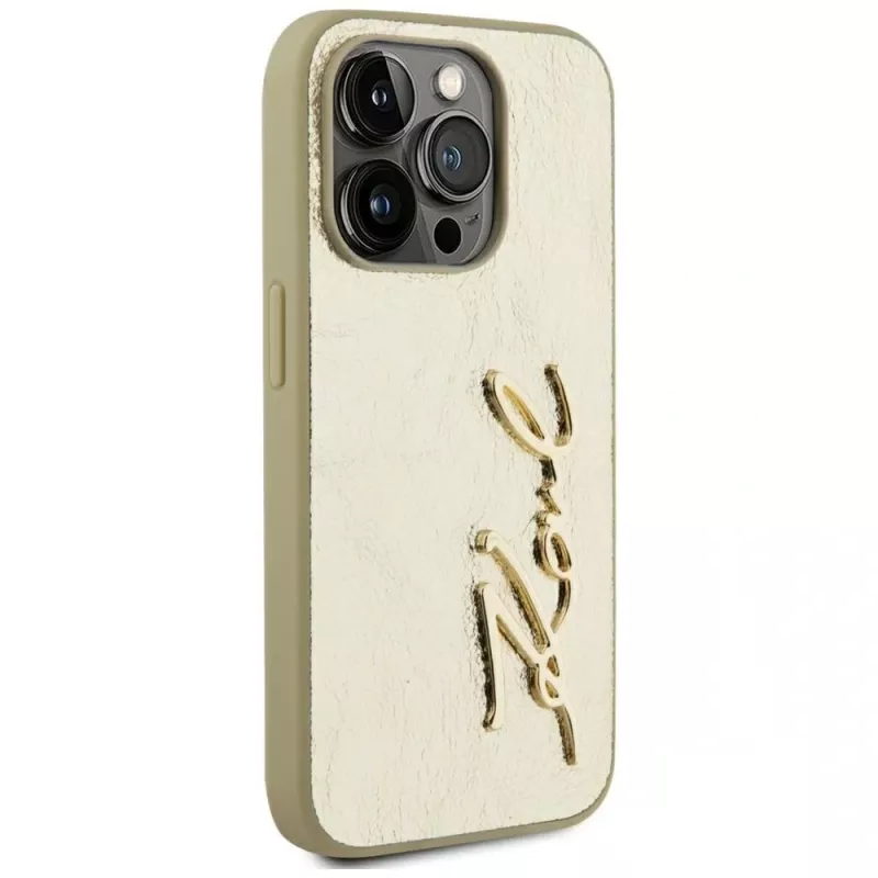 KARL LAGERFELD Wrinkled Metal Signature puzdro pre iPhone 15 Pro - zlatá