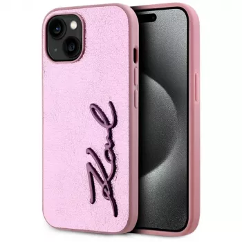 KARL LAGERFELD Wrinkled Metal Signature zadný kryt pre Apple iPhone 15, ružová