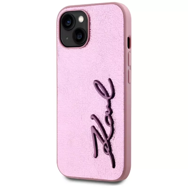 KARL LAGERFELD Wrinkled Metal Signature zadný kryt pre Apple iPhone 15, ružová