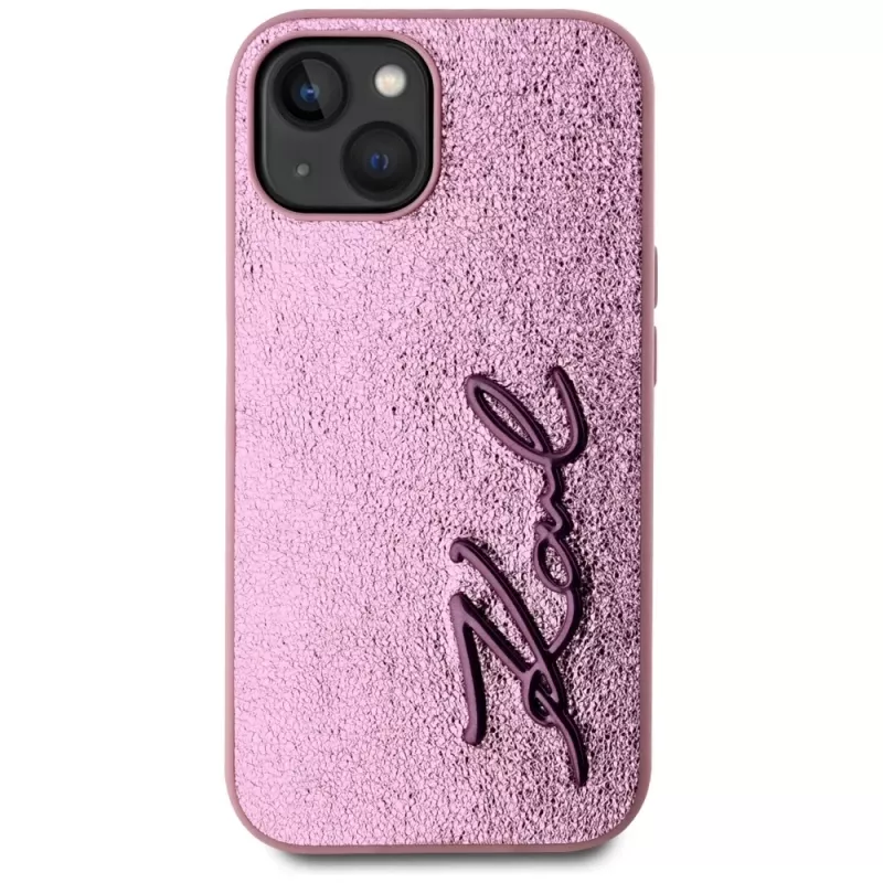 KARL LAGERFELD Wrinkled Metal Signature zadný kryt pre Apple iPhone 15, ružová