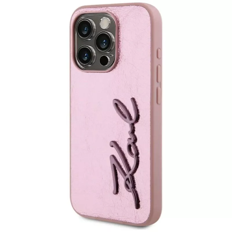 Karl Lagerfeld Wrinkled Metal Signature puzdro pre iPhone 15 Pro, ružová