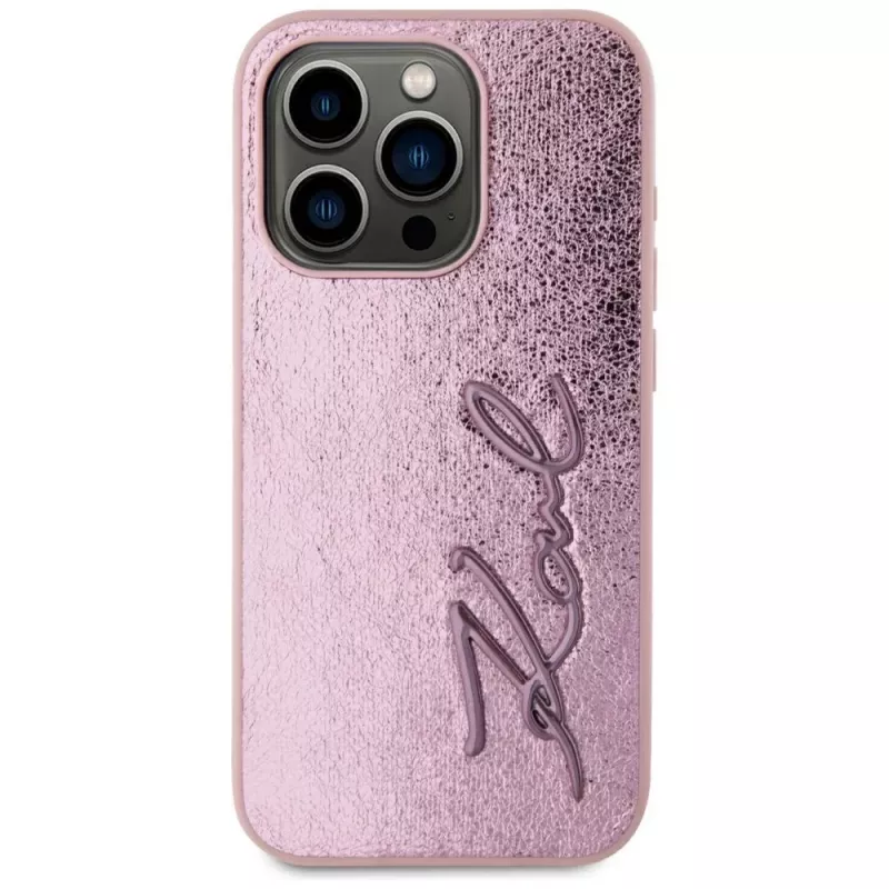 Karl Lagerfeld Wrinkled Metal Signature puzdro pre iPhone 15 Pro, ružová