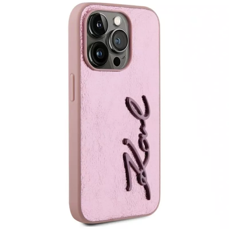 Karl Lagerfeld Wrinkled Metal Signature puzdro pre iPhone 15 Pro, ružová