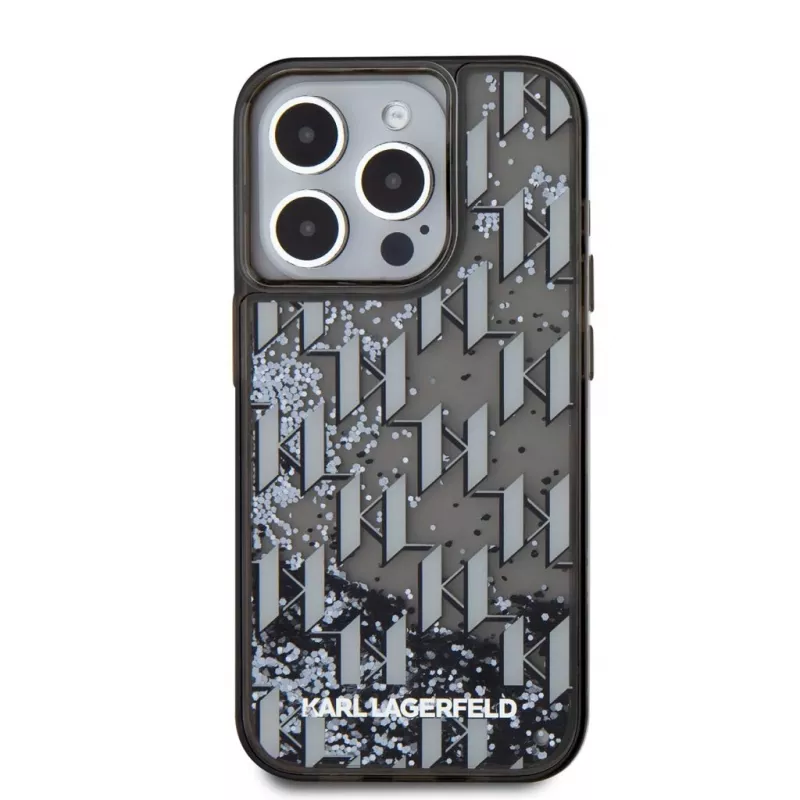 KARL LAGERFELD Liquid Glitter Monogram Gradient zadný kryt pre Apple iPhone 15 Pro, čierna