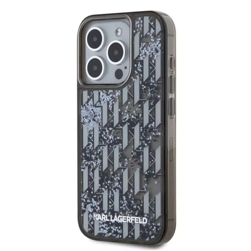 KARL LAGERFELD Liquid Glitter Monogram Gradient zadný kryt pre Apple iPhone 15 Pro, čierna