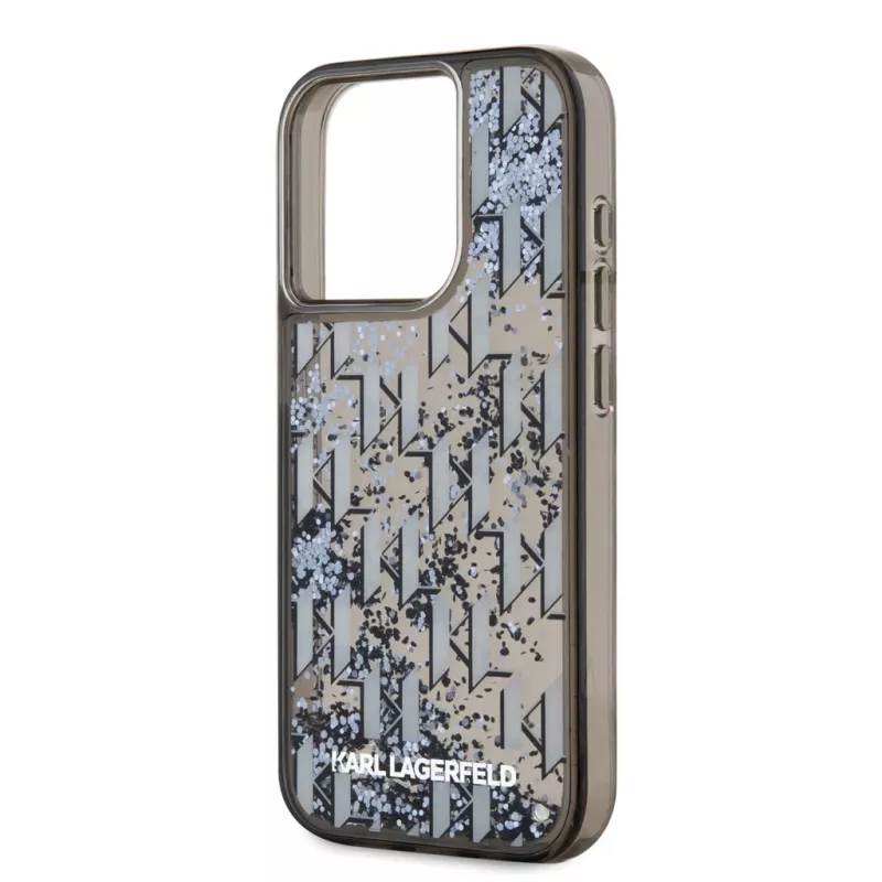 KARL LAGERFELD Liquid Glitter Monogram Gradient zadný kryt pre Apple iPhone 15 Pro, čierna
