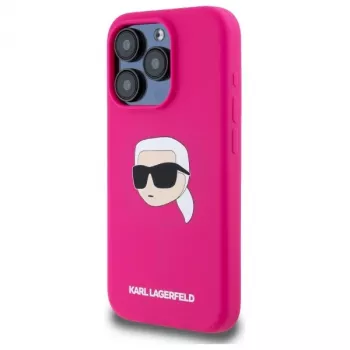 Karl Lagerfeld iPhone 15 Pro 6,1 palca silikónové pevné puzdro s potlačou Karl hlavy, MagSafe - fuchsia