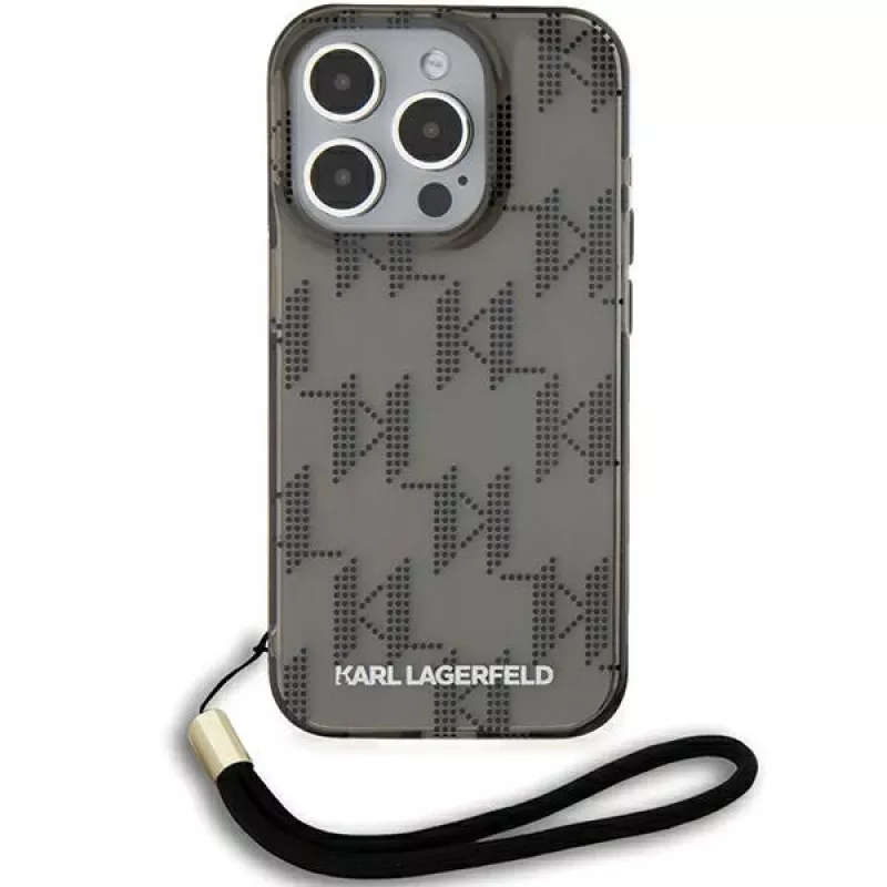 Karl Lagerfeld KLHCP15LHKDPNSK puzdro pre iPhone 15 Pro 6,1 palca, čierne, IML Mono KL Pattern a šnúrka