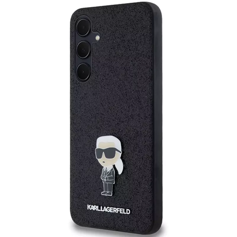KARL LAGERFELD Ikonik pevné puzdro pre Samsung Galaxy A55 5G - čierne Glitter s kovovým pinom