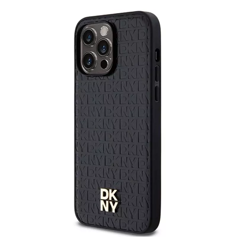 DKNY DKHMP13LPSHRPSK pevné puzdro pre iPhone 13 Pro / 13, čierna koženka s kovovým logom, MagSafe