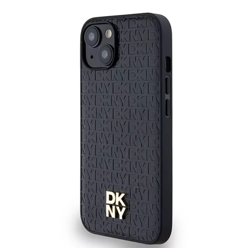 DKNY DKHMP14SPSHRPSK puzdro koža monogramový vzor kovové logo MagSafe pre iPhone 13/14/15, čierne