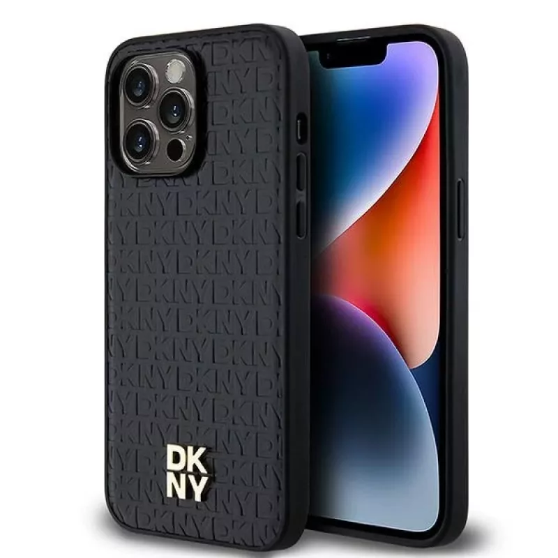 DKNY DKHMP14XPSHRPSK iPhone 14 Pro Max 6,7 puzdro koža monogramový vzor kovové logo MagSafe čierne
