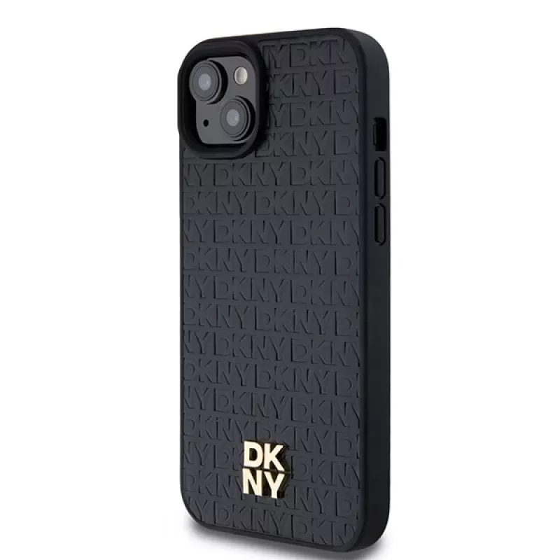 DKNY DKHMP15MPSHRPSK pevné puzdro pre iPhone 15 Plus / 14 Plus 6,7 inch čierna koža monogramový vzor kovové logo MagSafe